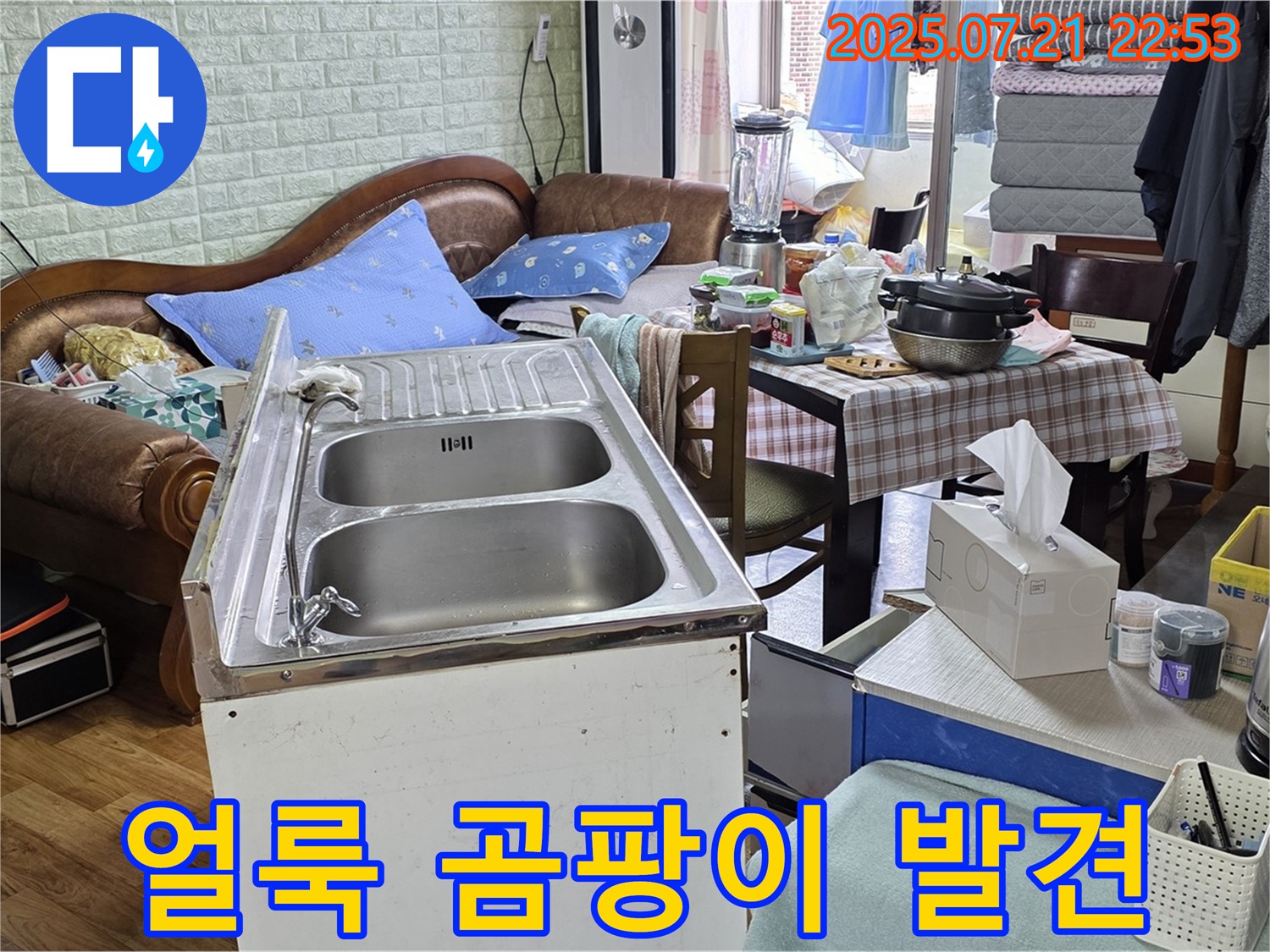 싱크대 배수구 주변, 물 얼룩과 곰팡이 흔적 발견 - 싱크대 배수구 주변에 물 얼룩과 곰팡이 흔적을 발견했습니다.