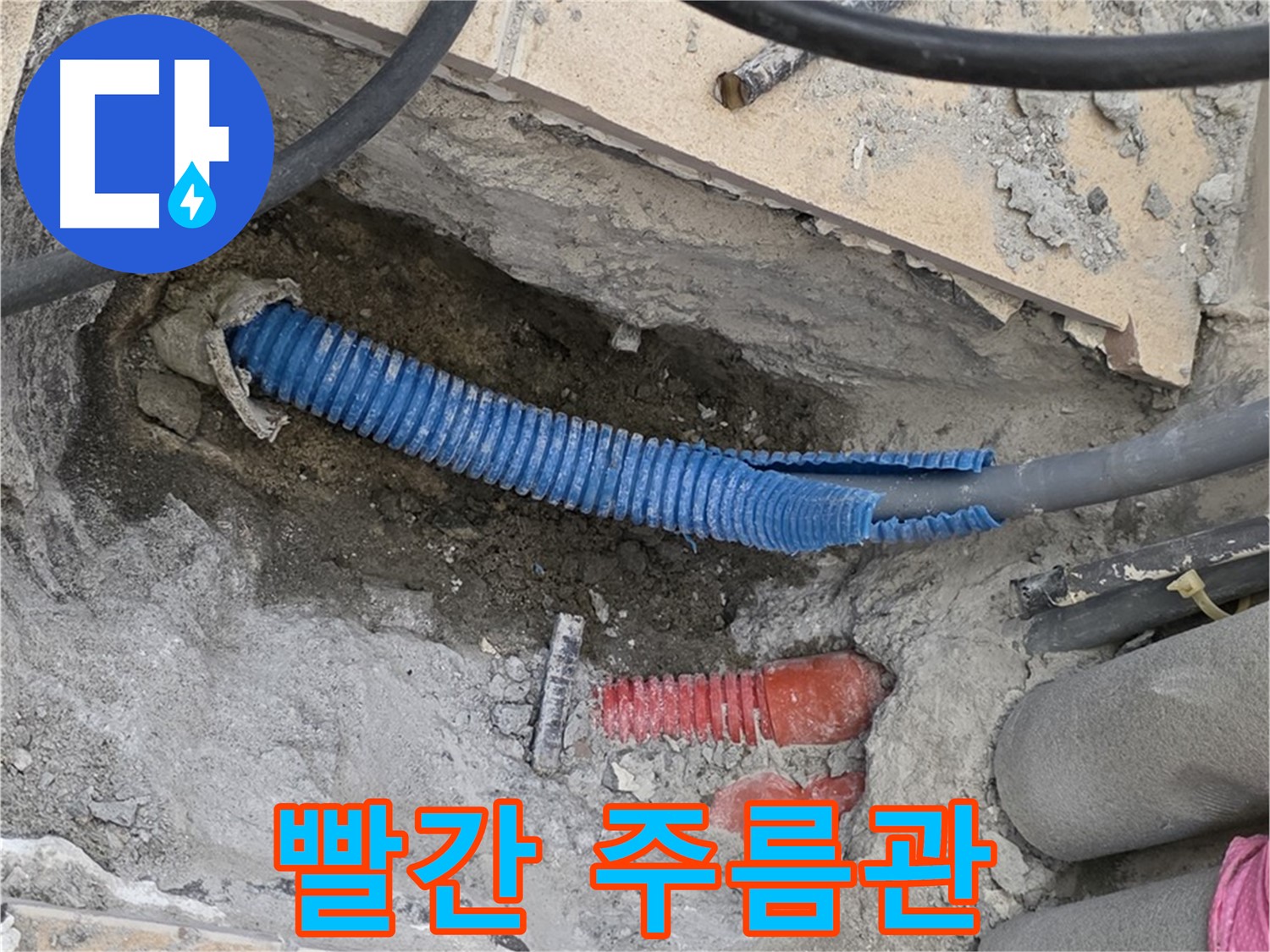 삼숭동 양주자이아파트 누수 - 굴착 후 빨간색 주름관 온수 배관 추정