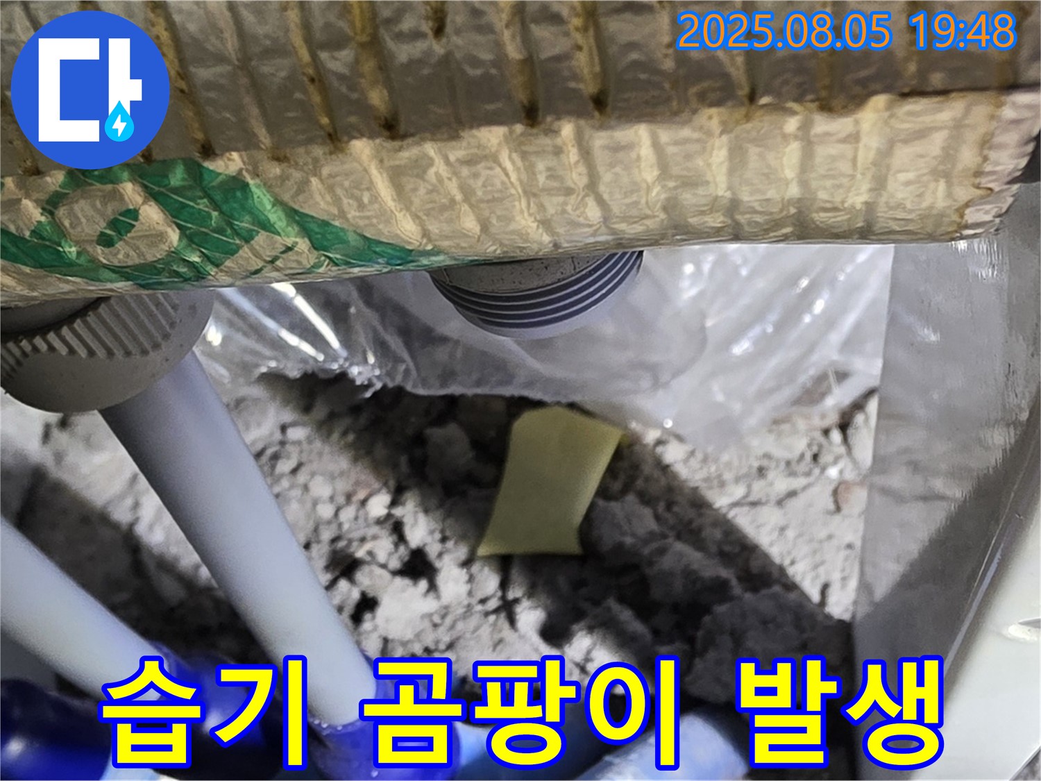 양주 삼숭동 자이아파트 누수 - 배관 연결 부위 주변의 습기 및 곰팡이 발생 상태 확인