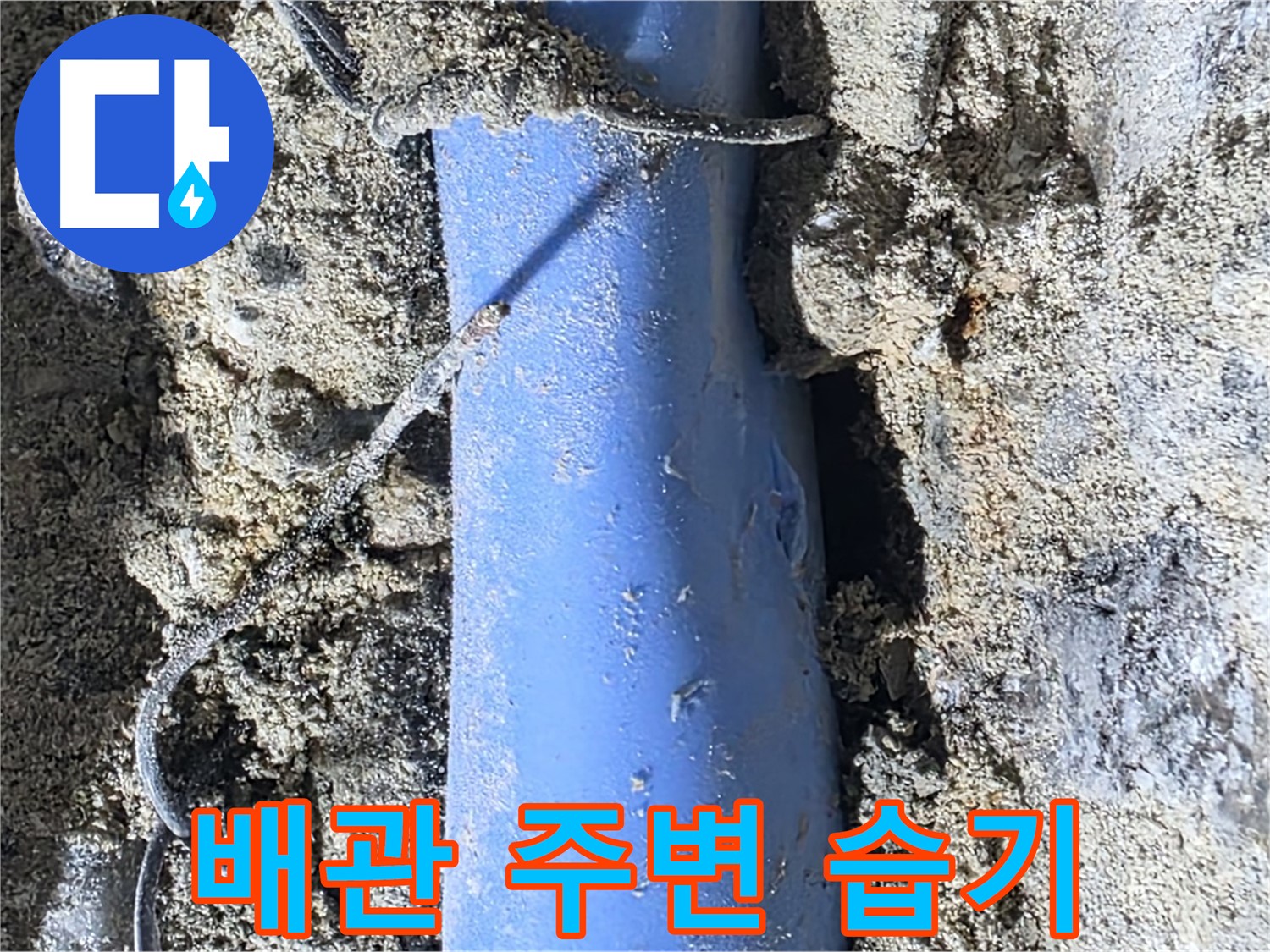 분당 쇳골로 누수 - 배관 주변에 습기가 차 있는 모습입니다. 누수의 흔적을 보여줍니다.