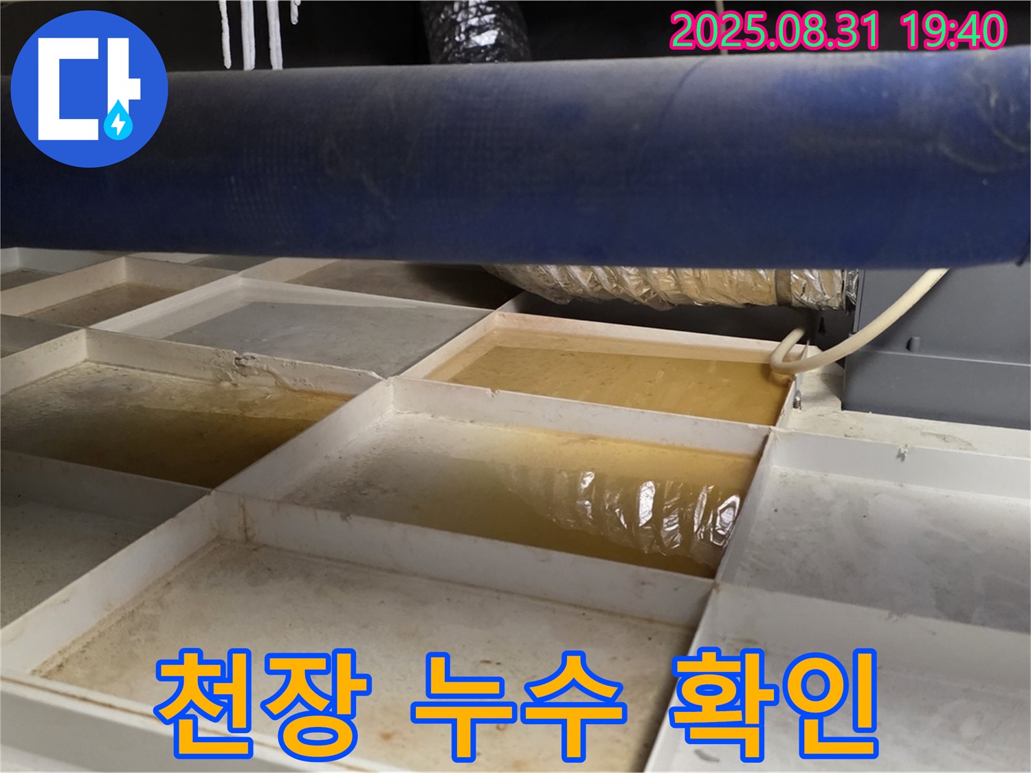천장 누수 확인 - 천장 트레이에 고인 물을 통해 누수 발생 여부를 확인하고 있습니다.