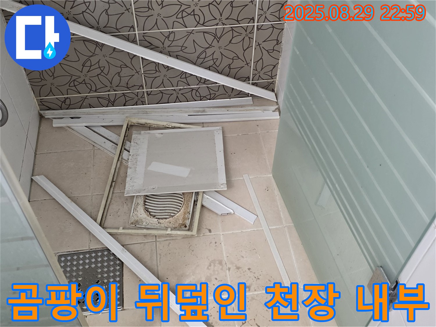 양주 백석 서광아파트 욕실 - 천장 내부가 습한 환경으로 인해 곰팡이로 가득 차 있습니다.