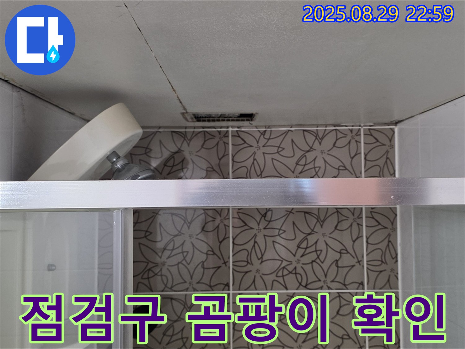 양주시 백석읍 서광아파트 욕실 천장 점검구 주변 곰팡이 및 누수 흔적 확인 사진 - 천장 점검구 주변의 곰팡이와 누수 흔적을 확인하고 있습니다.