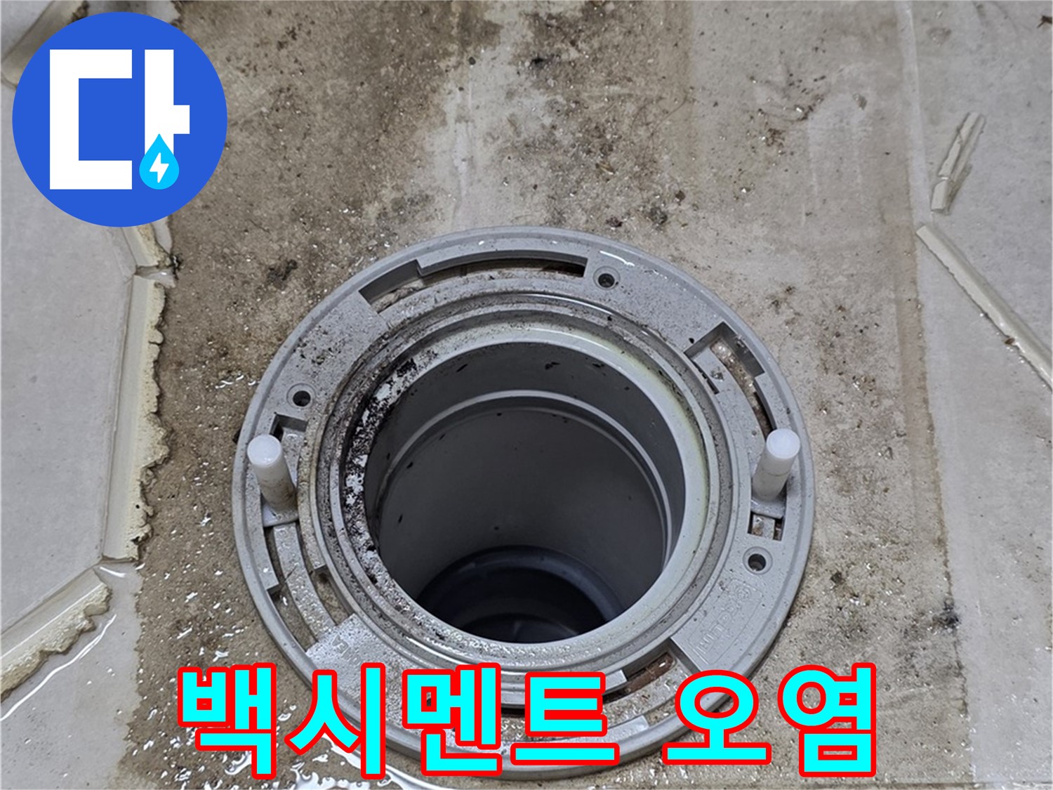 변기 플랜지 주변 백시멘트 손상 - 심한 오염으로 누수 원인으로 작용합니다.