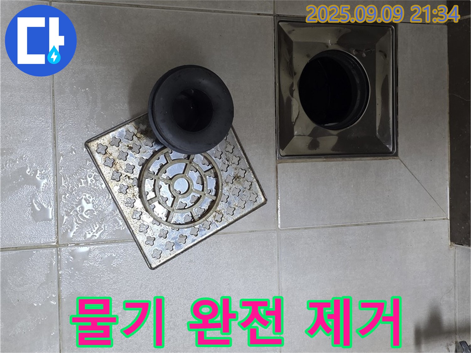 옥정동 율정마을 13단지 누수 - 욕실 배수구 주변 물기 완전 제거 및 건조 작업 실시 - 꼼꼼하게 물기를 제거하여 습기를 방지합니다.