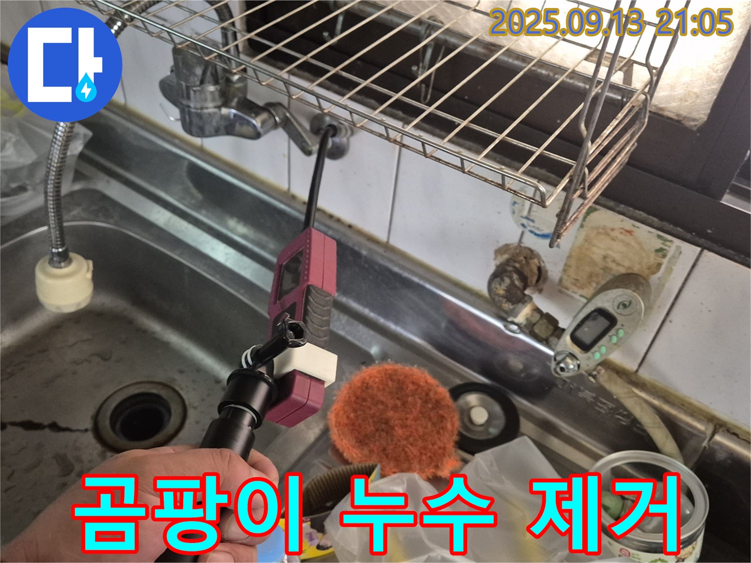 싱크대 배수구 주변 곰팡이 - 누수 해결 후 싹 제거