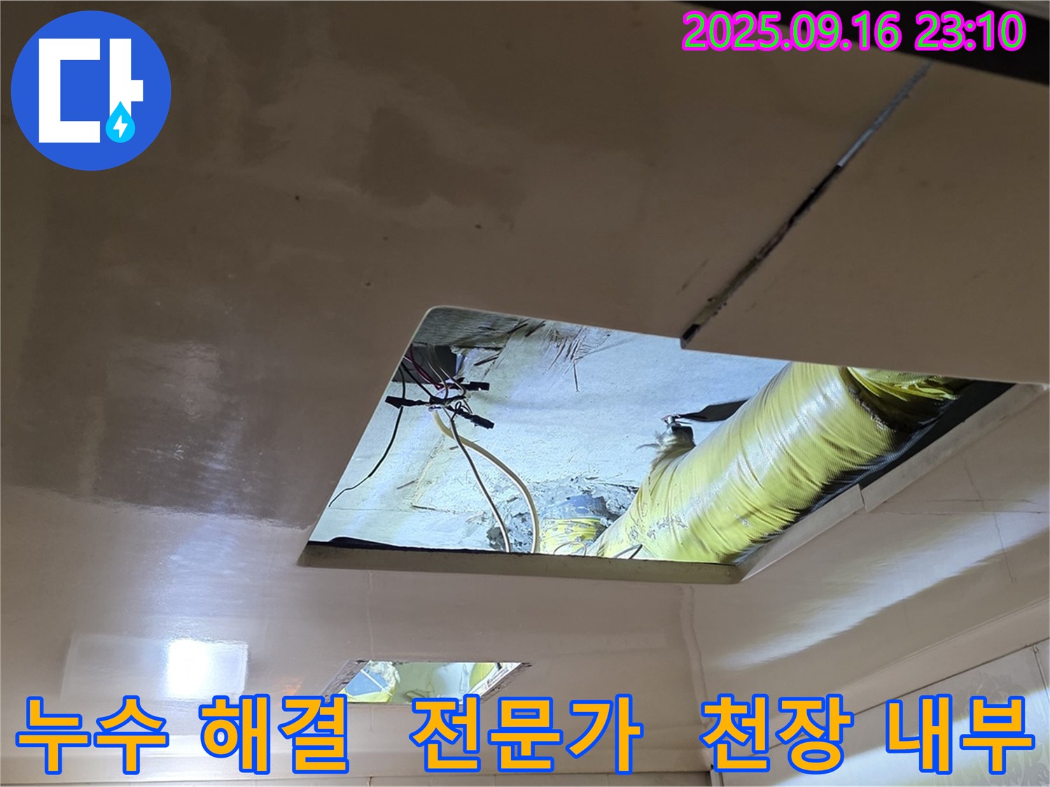 천장 내부 누수 해결 - 누수 해결 전문 기술자가 꼼꼼하게 점검하고 있습니다.