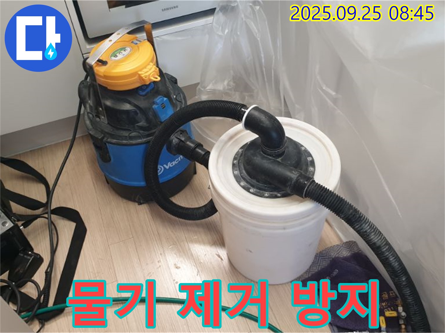 백석읍 가업리 누수 현장 - 물기 제거 후 곰팡이 방지 작업 진행 모습.
