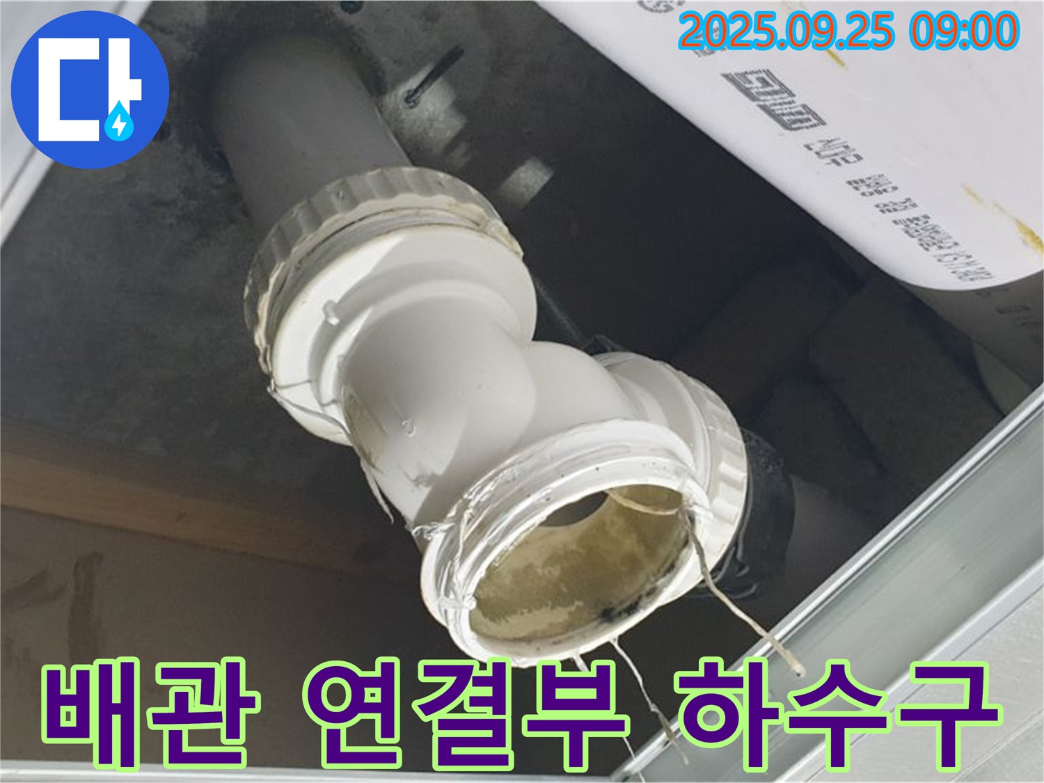 화장실 하수구 배관 연결 부위에서 누수가 발생하여 물이 떨어지고 있는 모습입니다.