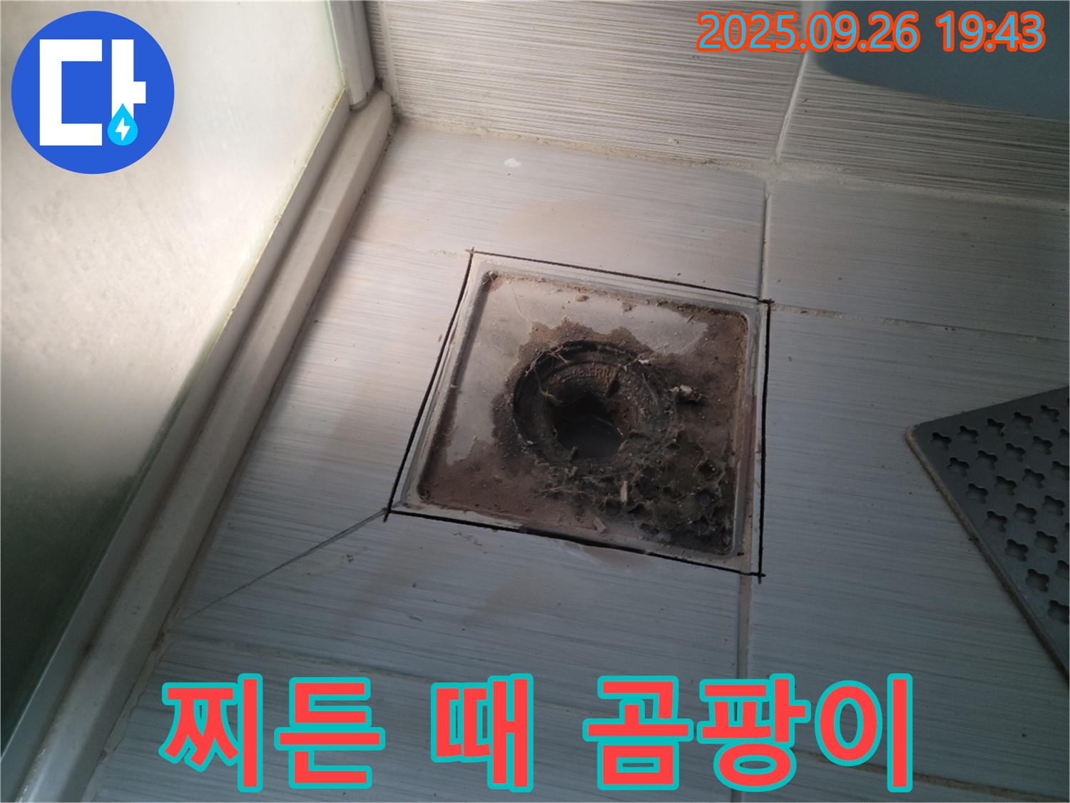 동두천 누수탐지 전문 업체에서 욕실 배수구의 찌든 때와 곰팡이를 완벽하게 제거하는 모습 - 깨끗하게 변신!