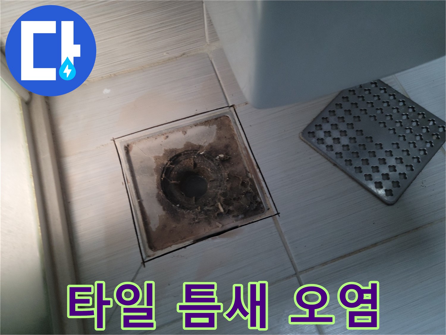 욕실 배수구 - 타일 틈새 오염 - 고압 세척 후 곰팡이 방지 시공