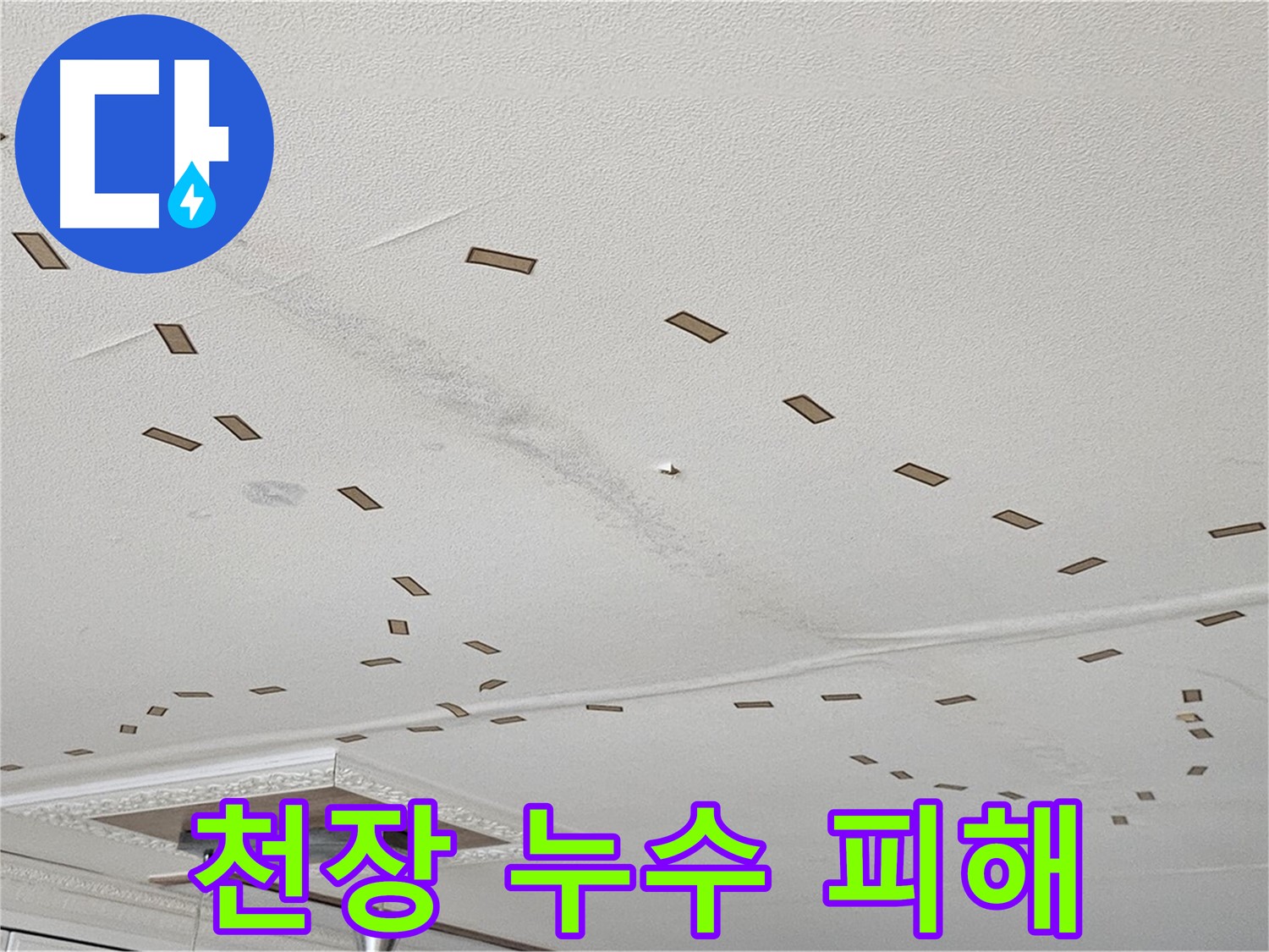 천장 누수 피해 - 도봉구 현대시티 아파트 천장에서 발생한 누수로 인한 피해 상황을 보여주는 사진입니다. 천장이 젖어 있고 얼룩이 져 있습니다.