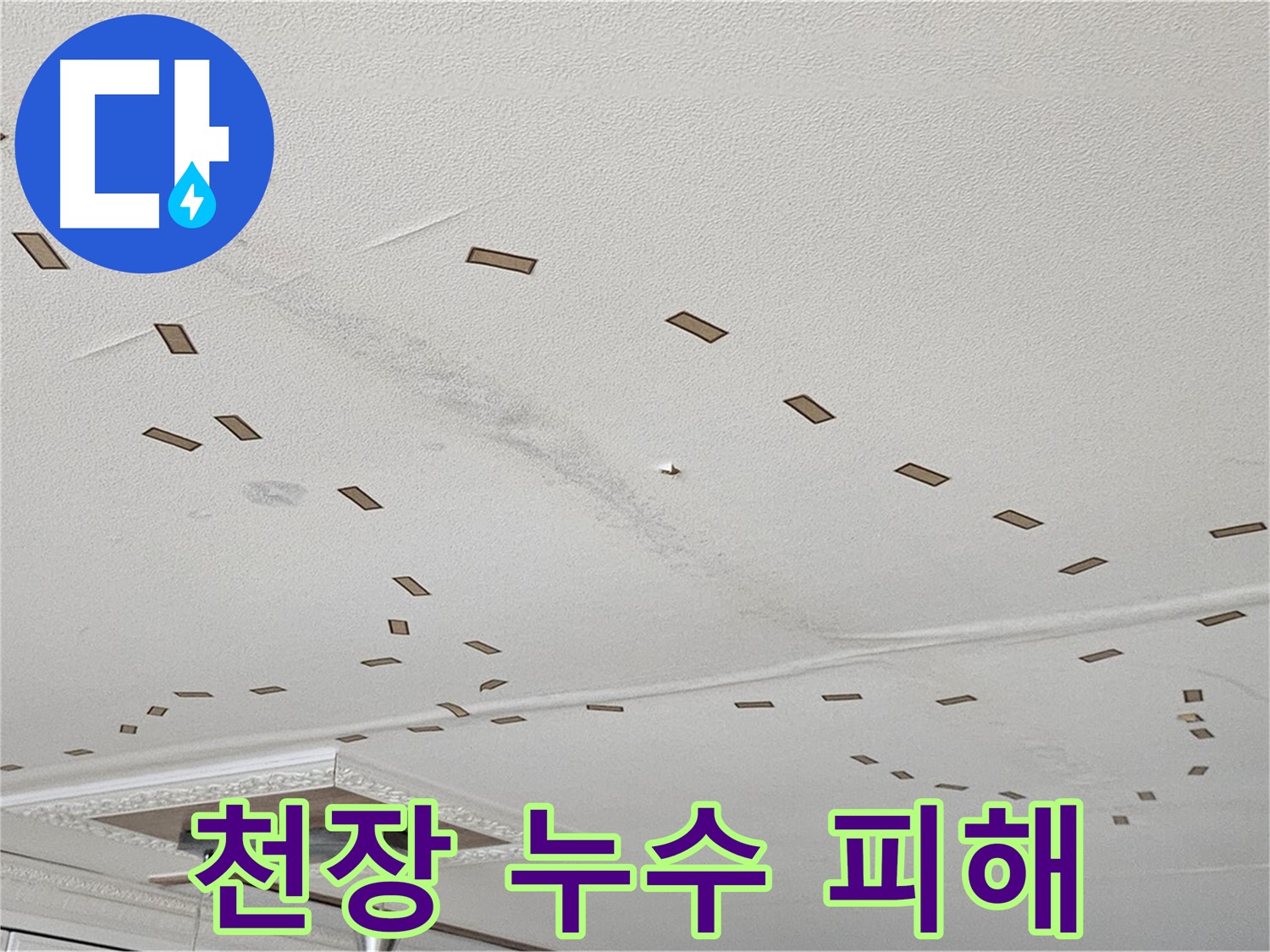천장 누수 피해 - 도봉구 현대시티 아파트 천장에서 발생한 누수로 인한 피해 상황을 보여주는 사진입니다. 천장이 젖어 있고 얼룩이 져 있습니다.