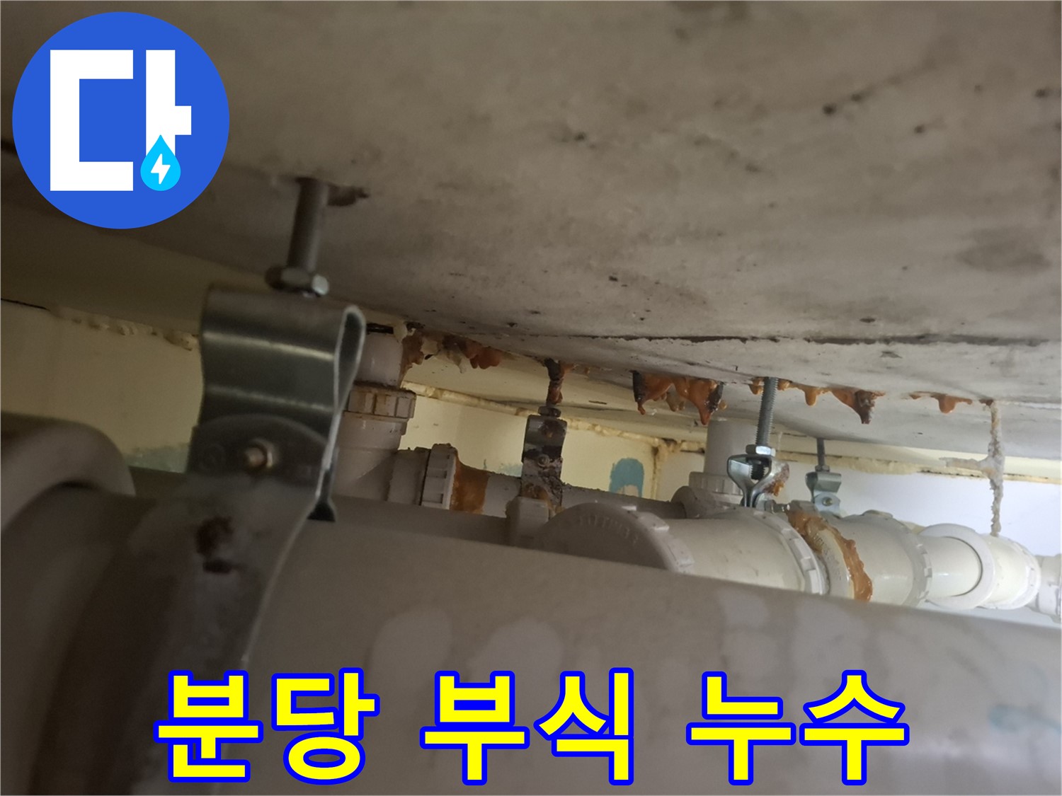 분당 봇들마을 아파트 - 배관 연결 부위 부식 - 누수 진행 중 - 신속한 보수 필요
