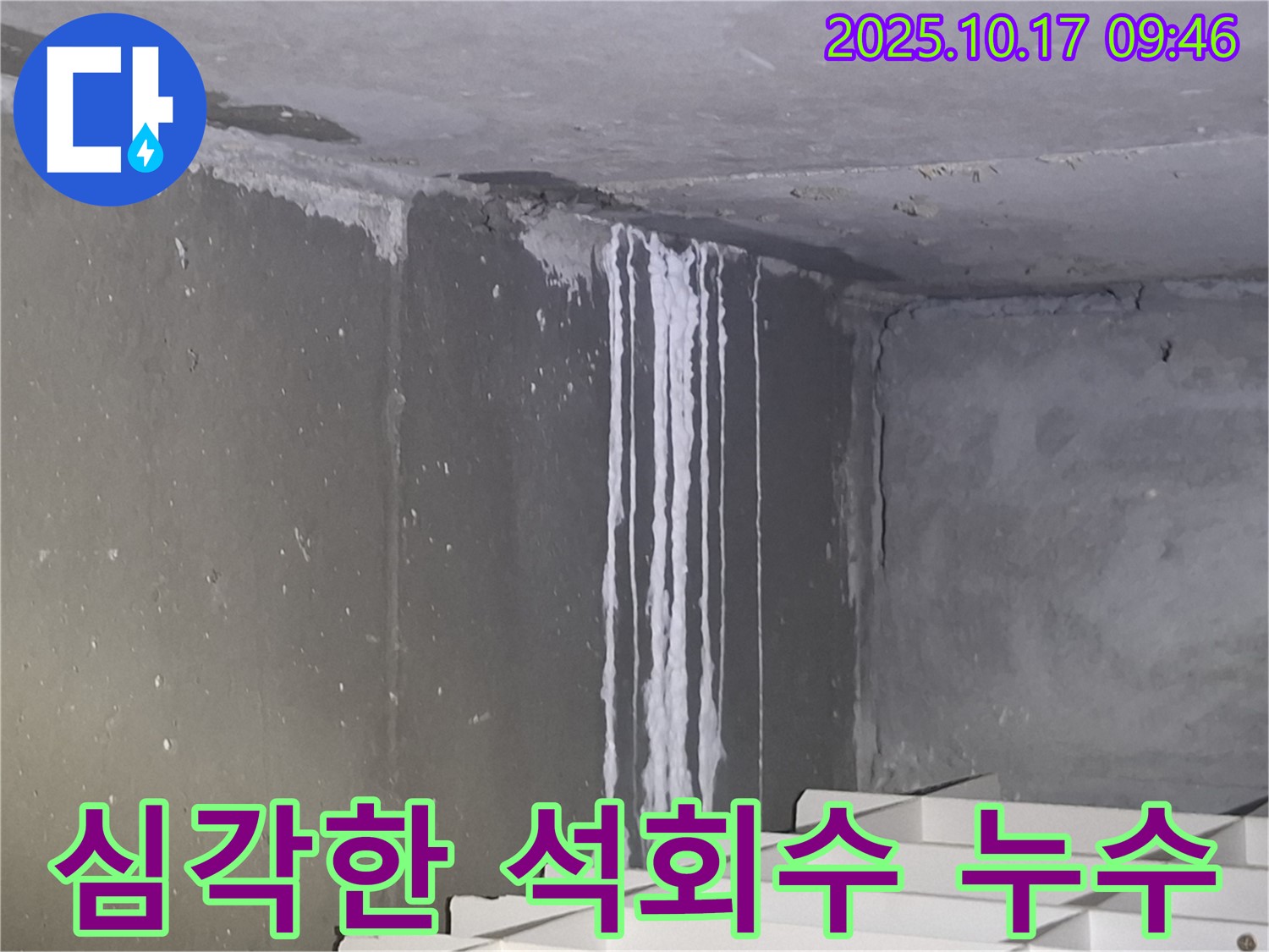 성남시 분당구 삼평동 봇들마을2단지 아파트 계단실 벽면에서 심각한 석회수 누수가 진행 중입니다 - 벽면을 따라 흐르는 석회수가 누수의 심각성을 보여줍니다.