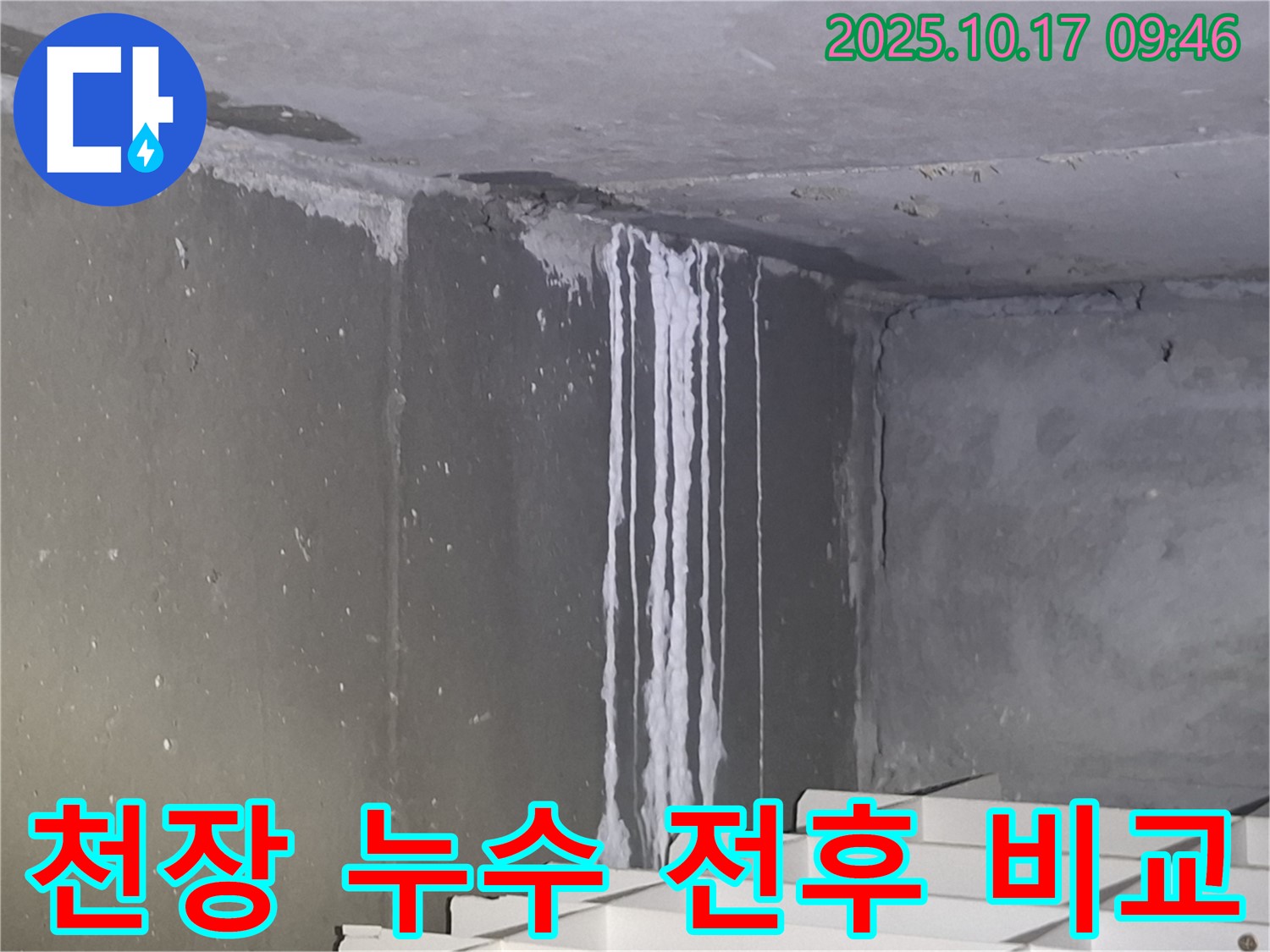성남시 분당구 삼평동 봇들마을2단지 아파트 계단실 천장 - 누수 해결 전후 비교 사진을 공개하여 고객 만족도를 높입니다.