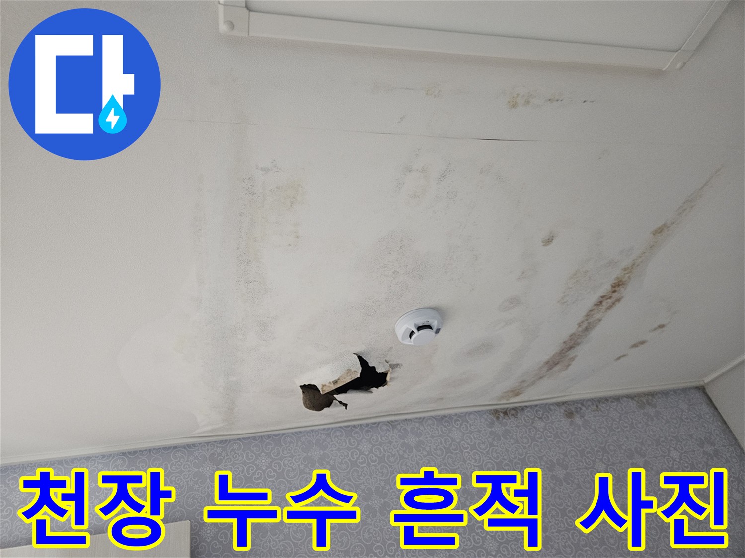 천호동 강동리버스타운 아파트 천장 누수 - 천장에 물이 떨어진 흔적이 선명하게 보이는 사진 - 빠른 점검과 공사가 필요합니다