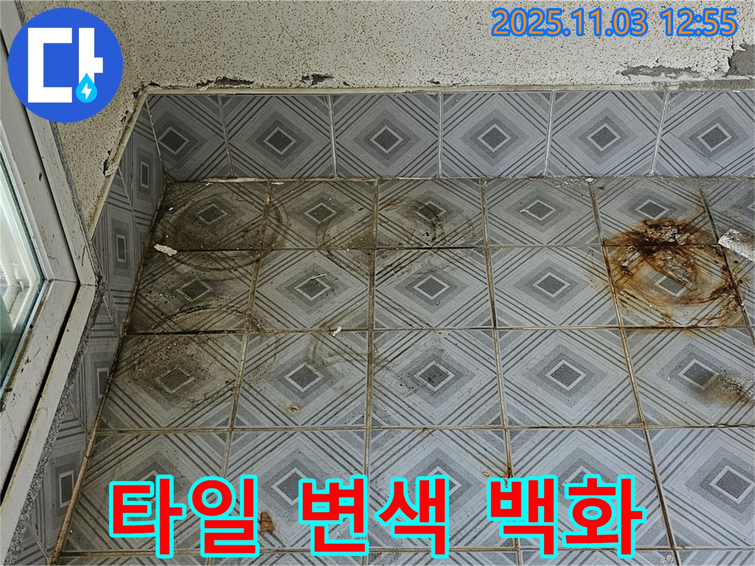 신월동 누수 현장 - 타일 틈새 심한 변색과 백화현상은 누수의 오랜 진행과 석회질 침투의 증거 - 전문적인 진단이 필요합니다.