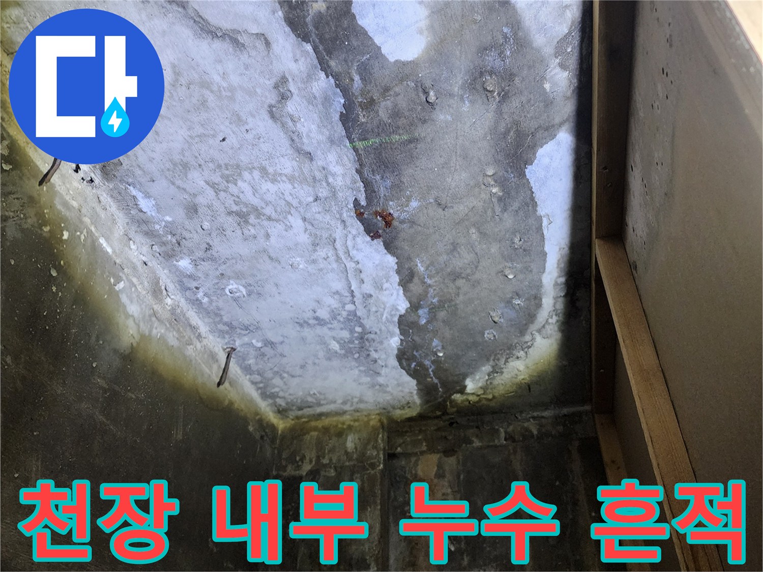 배관 주변으로 퍼진-콘크리트 층의 물 얼룩과 습기 침투 상태