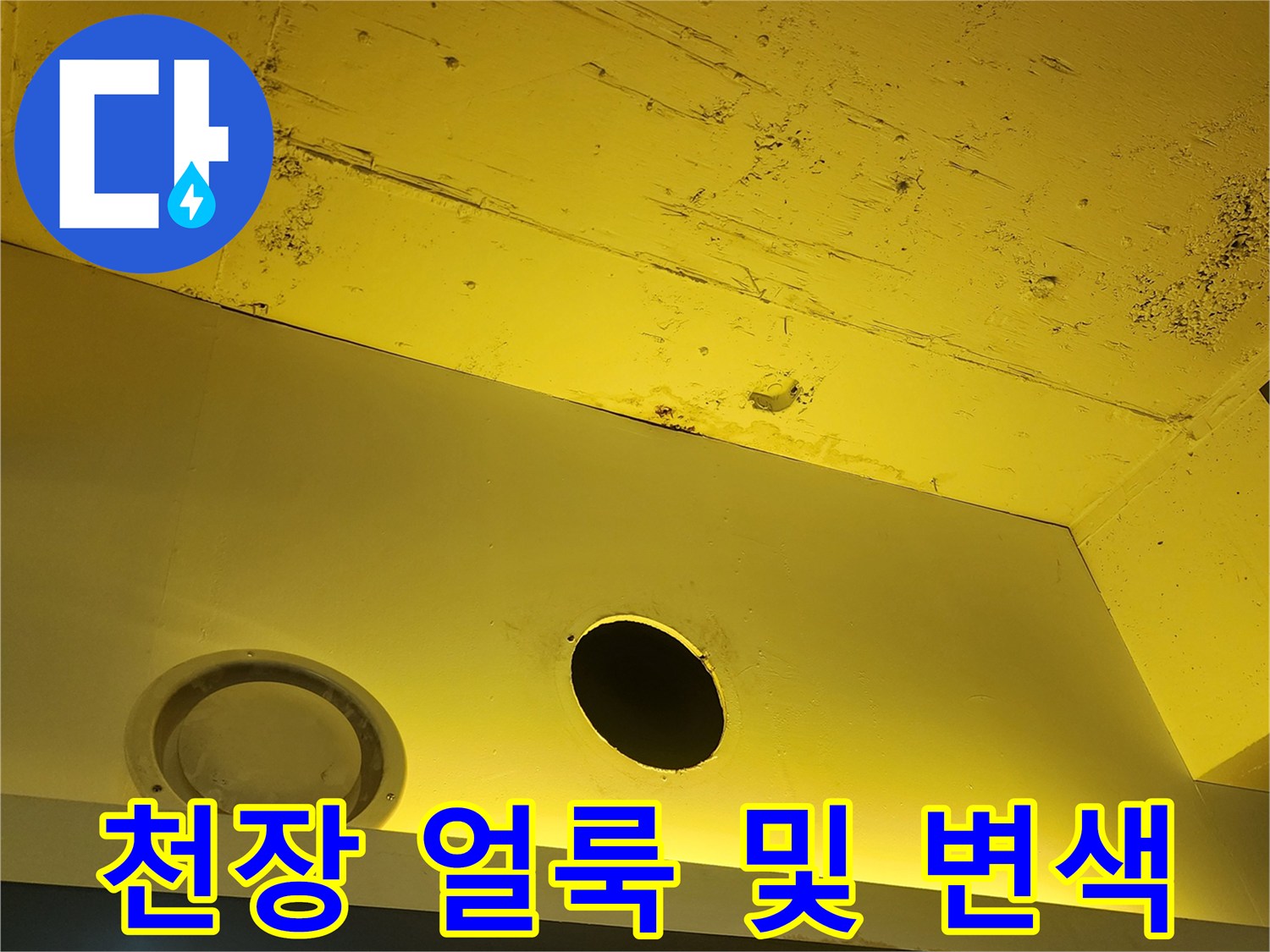 천장 구조물에 나타난 수분 침투 흔적과 오염