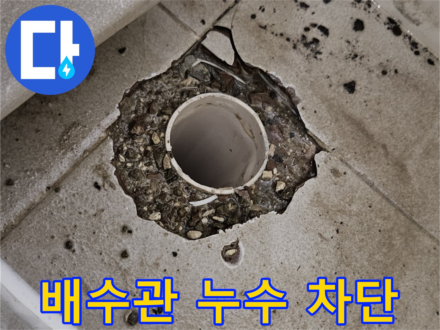 깨진 타일 속 솟아오른 배수관 - 누수 완벽 차단 시공