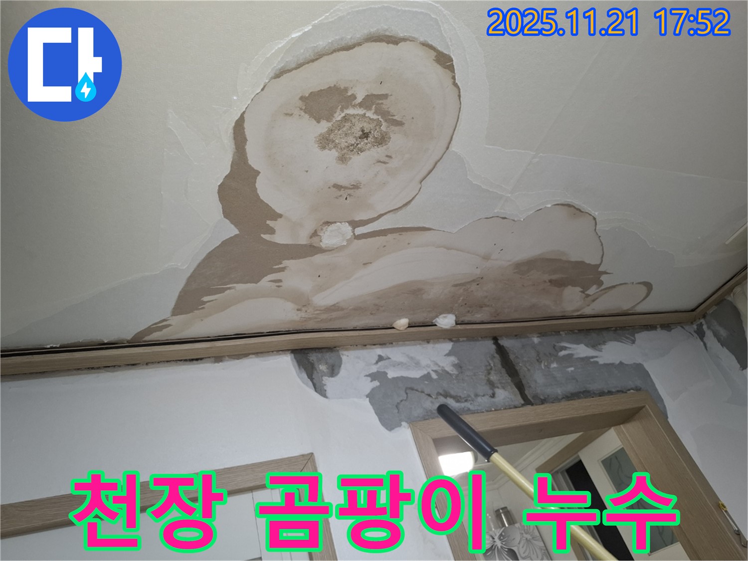 신림동 메가캐슬 아파트 천장 누수 - 곰팡이 핀 천장과 누수 자국이 심각한 상태를 보여주는 사진