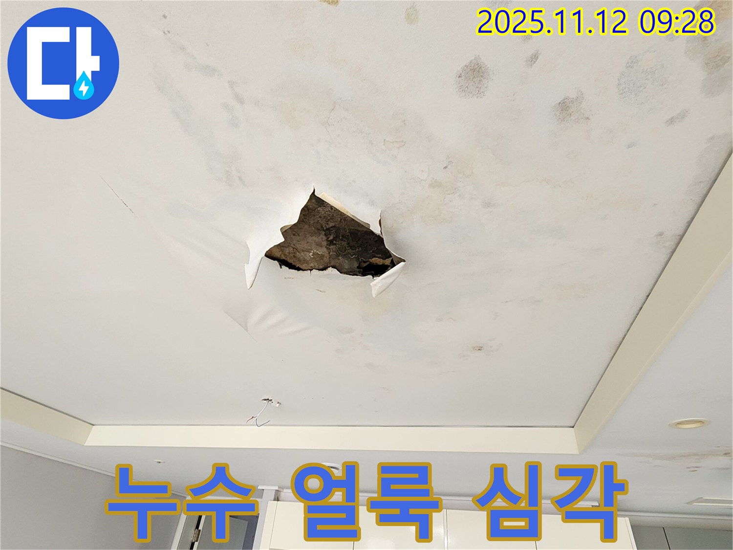 누수 얼룩 심각 - 석고보드 천장에 물이 스며들어 생긴 누수 얼룩이 심각한 상태를 보여주는 사진입니다.