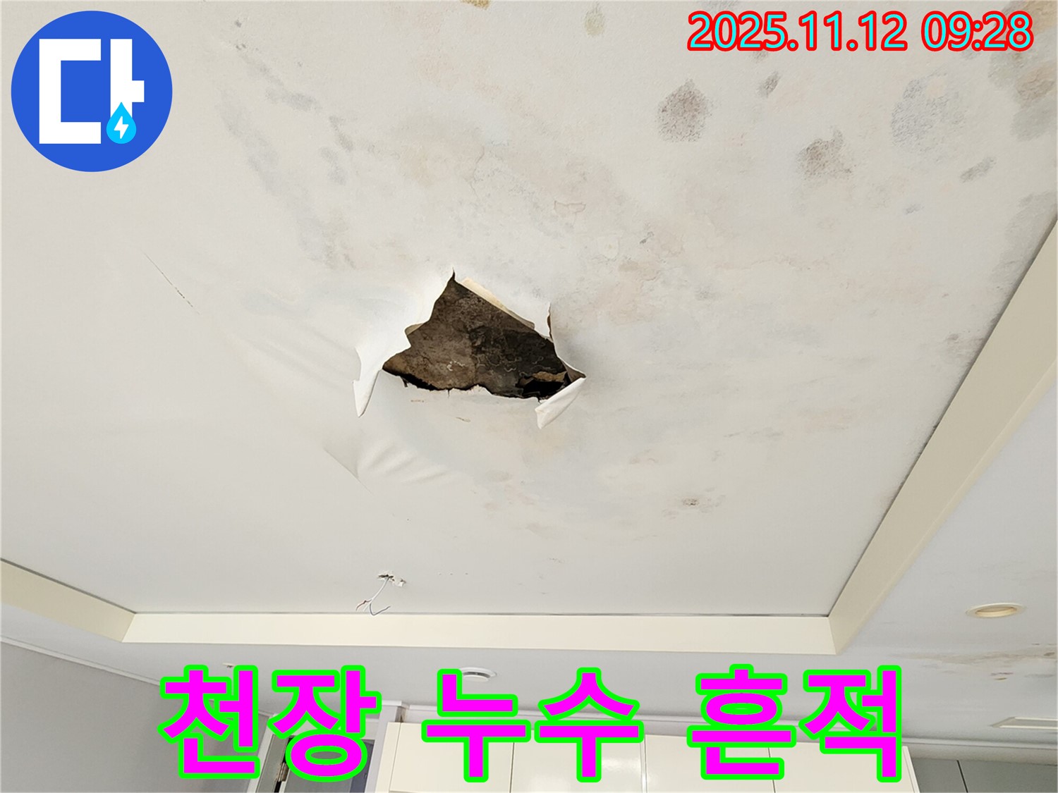 천장 누수 흔적 - 천장에 물이 스며들어 생긴 얼룩과 곰팡이 자국을 확대한 사진입니다.