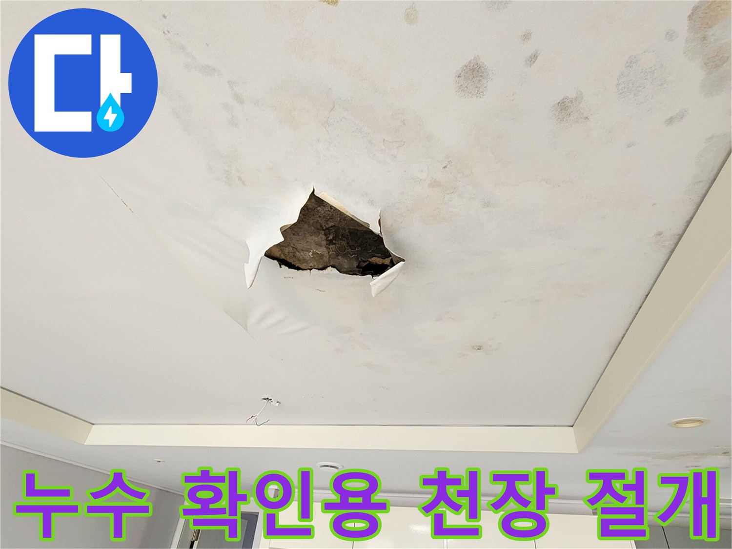 천장 마감재 파손-배관 누수 지점 탐색을 위한 작업 현장