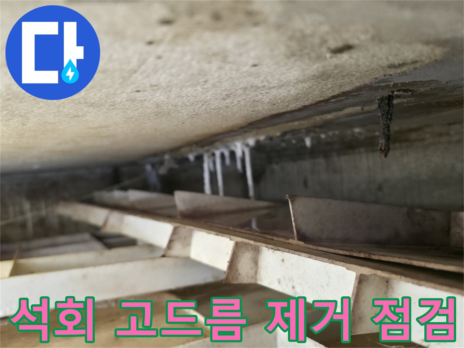 독산동 현진아트빌 슬라브 누수 - 석회 고드름 제거 후 누수 원인 점검 중입니다. 꼼꼼한 확인이 필요합니다.