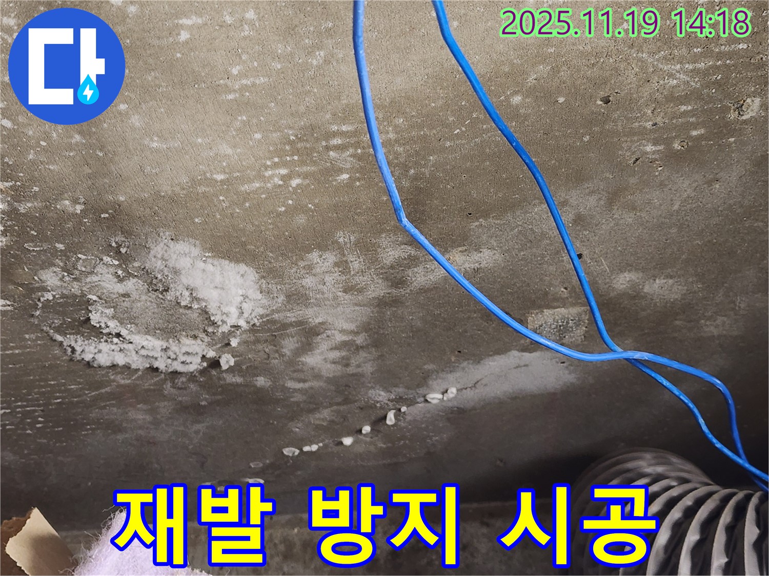 콘크리트 천장 균열 누수 재발 방지 시공 사진 - 누수 재발을 막기 위한 꼼꼼한 시공 과정을 보여줍니다.