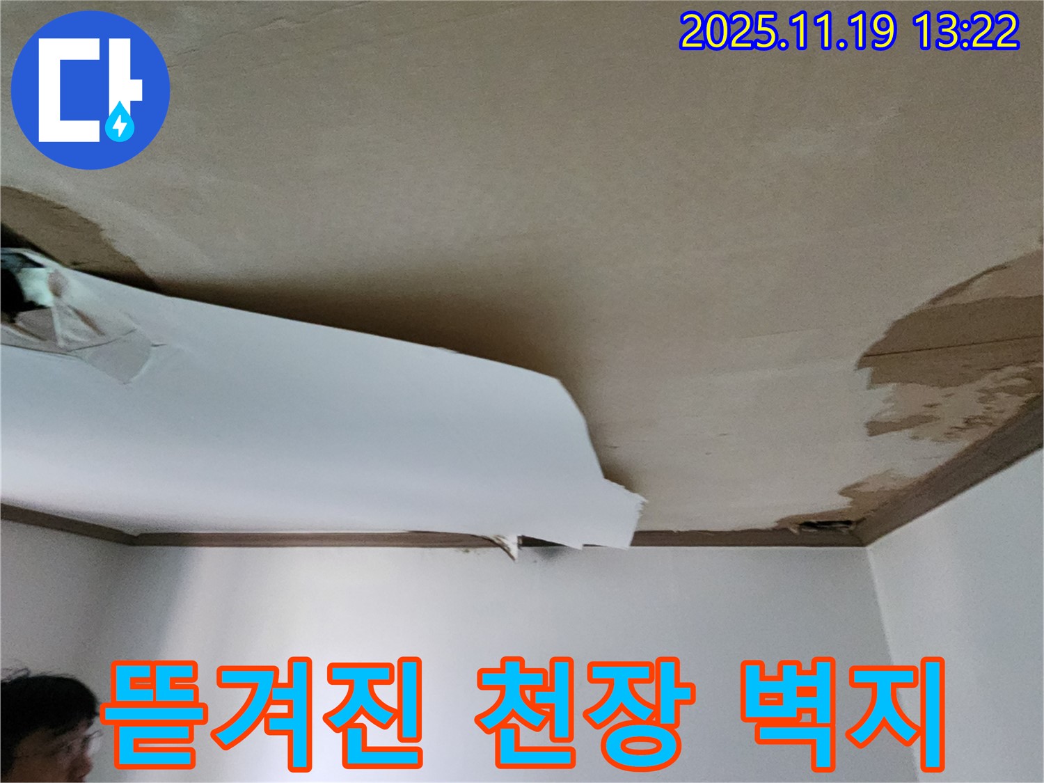 뜯겨진 천장 벽지 누수 현장 - 완벽한 누수 공사를 통해 문제 해결 및 벽지 보수까지 완료한 이미지입니다.