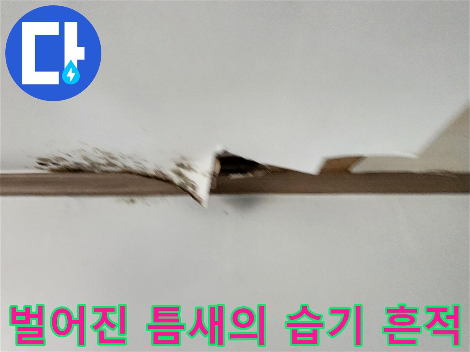 천장 마감재 사이로 보이는 습기로 인한 어두운 변색 부위