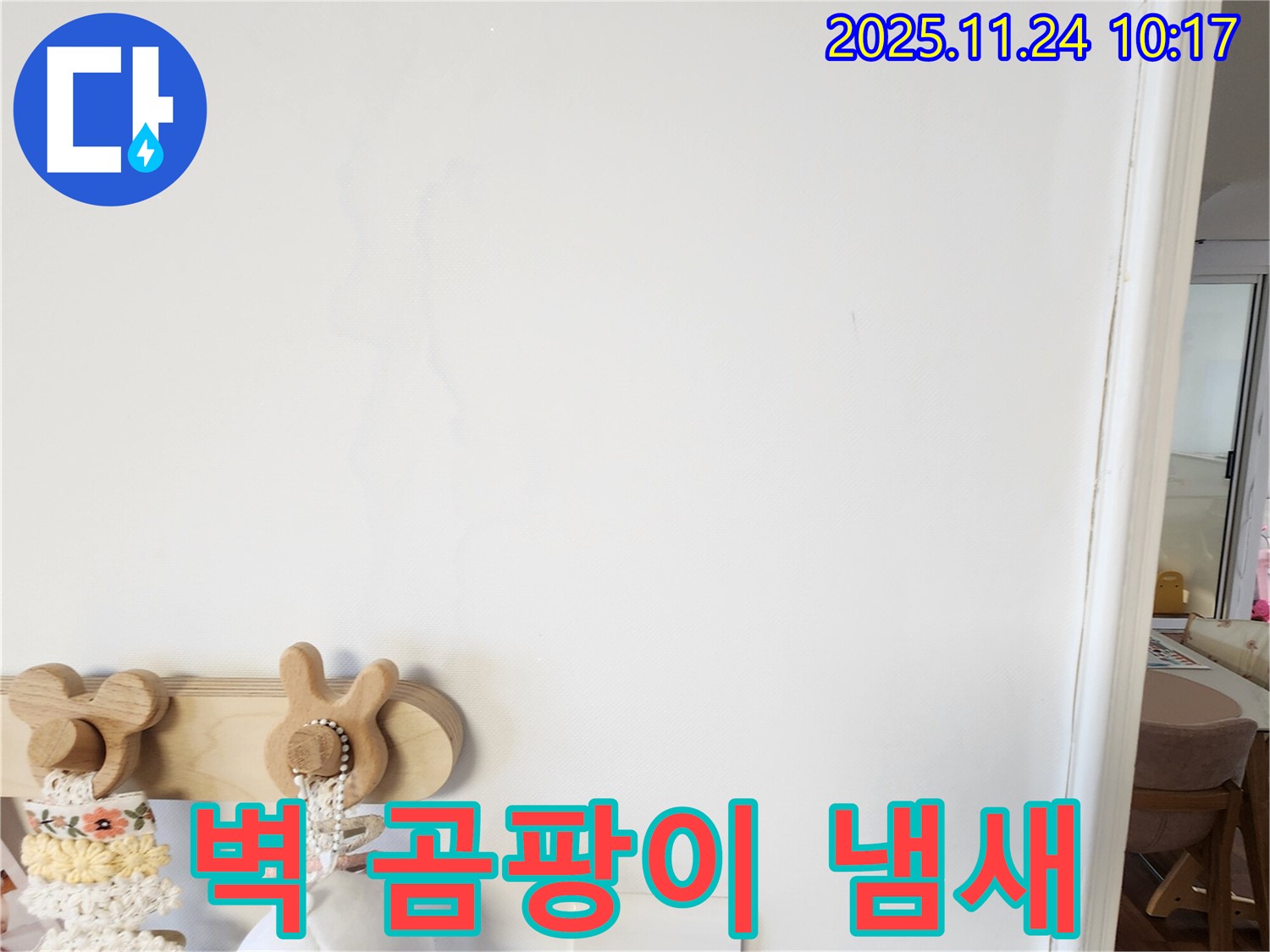 벽에 곰팡이가 피고 냄새가 나는 사진 - 금현리 누수탐지 업체에서 곰팡이와 냄새가 동반된 누수 상황의 긴급성을 강조하며 점검 과정을 보여줍니다.