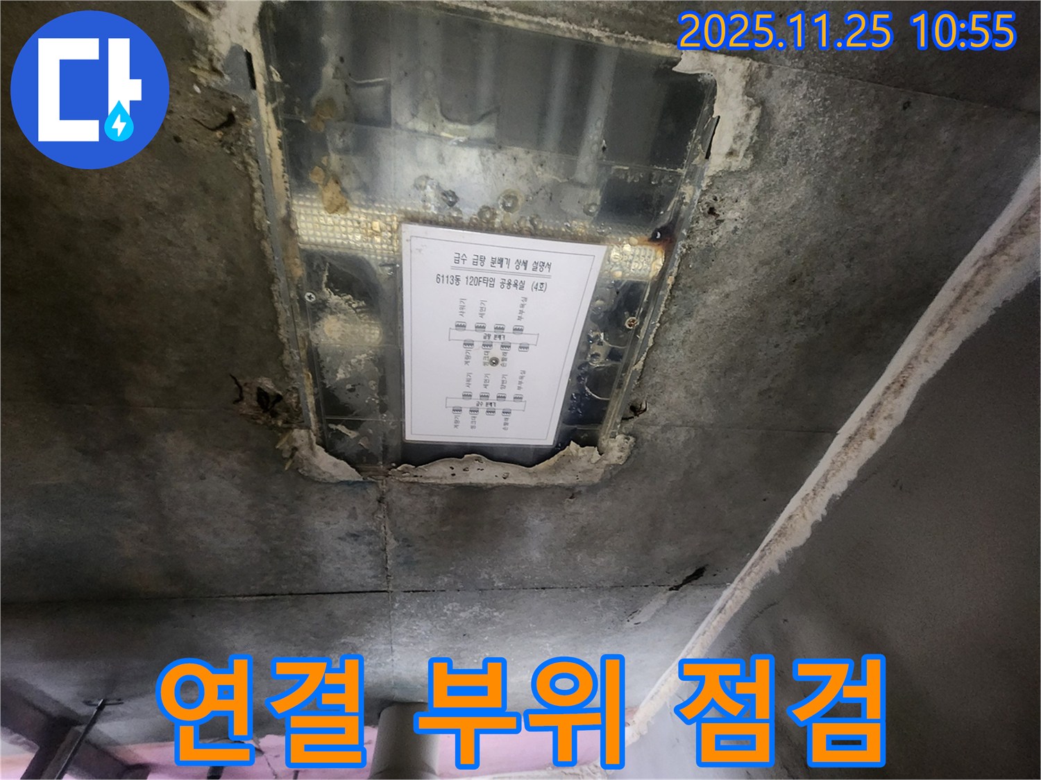 광교 아파트 누수 - 천장 누수, 배관 연결 부위를 집중적으로 점검하고 있습니다.