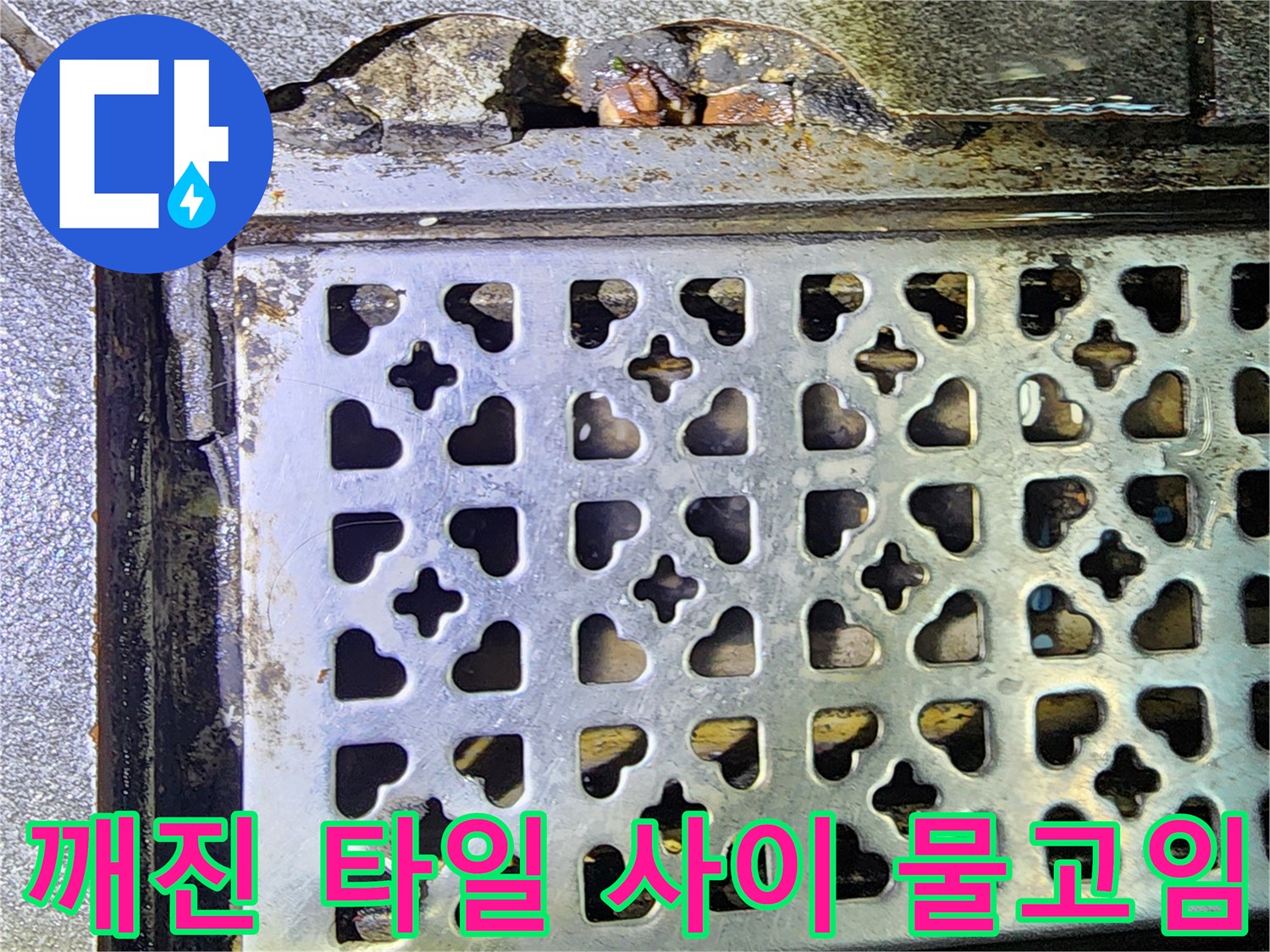 식당 주방 트렌치 배수판 옆쪽의 파손된 타일과 습기
