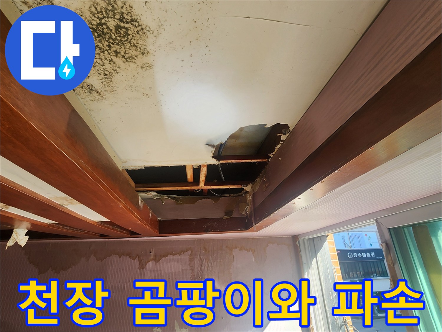 포천 신북면 현장의 곰팡이가 번진 천장과 파손된 마감재 상태입니다.