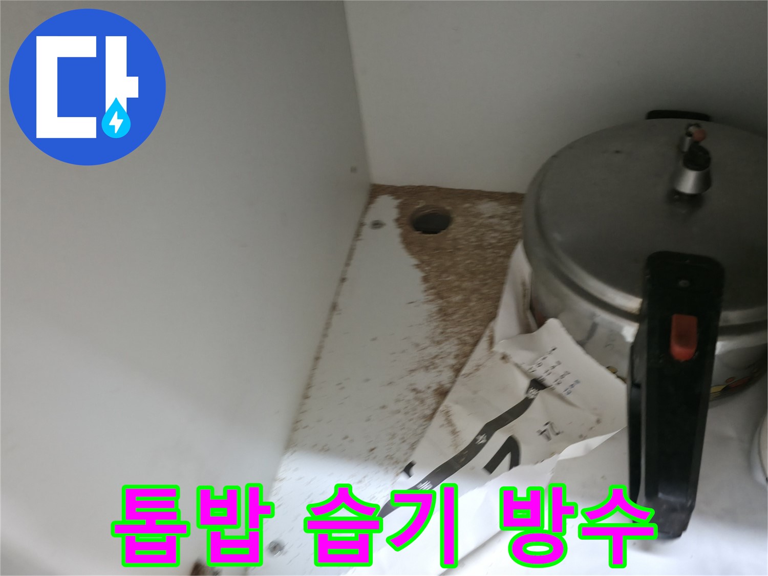 싱크대 하부 - 나무 손상 - 지속적 습기 노출 - 점검 필요