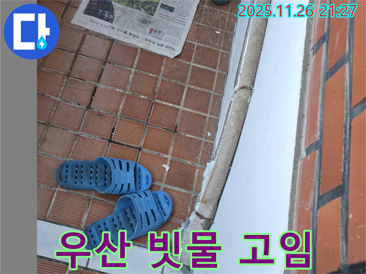 서초구 서초2동 누수 현장 - 현관 앞 우산 빗물 고임으로 인한 타일 변색 및 곰팡이 발생