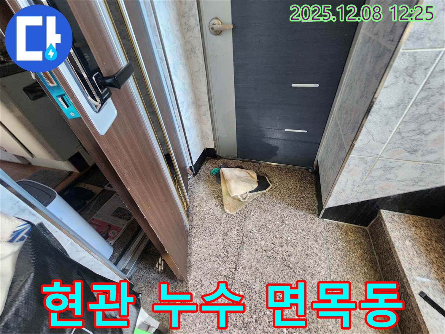 면목동 주택 현관에서 발생한 누수 - 누수탐지 전문가가 정확한 원인을 파악하고 해결 과정을 보여줍니다.