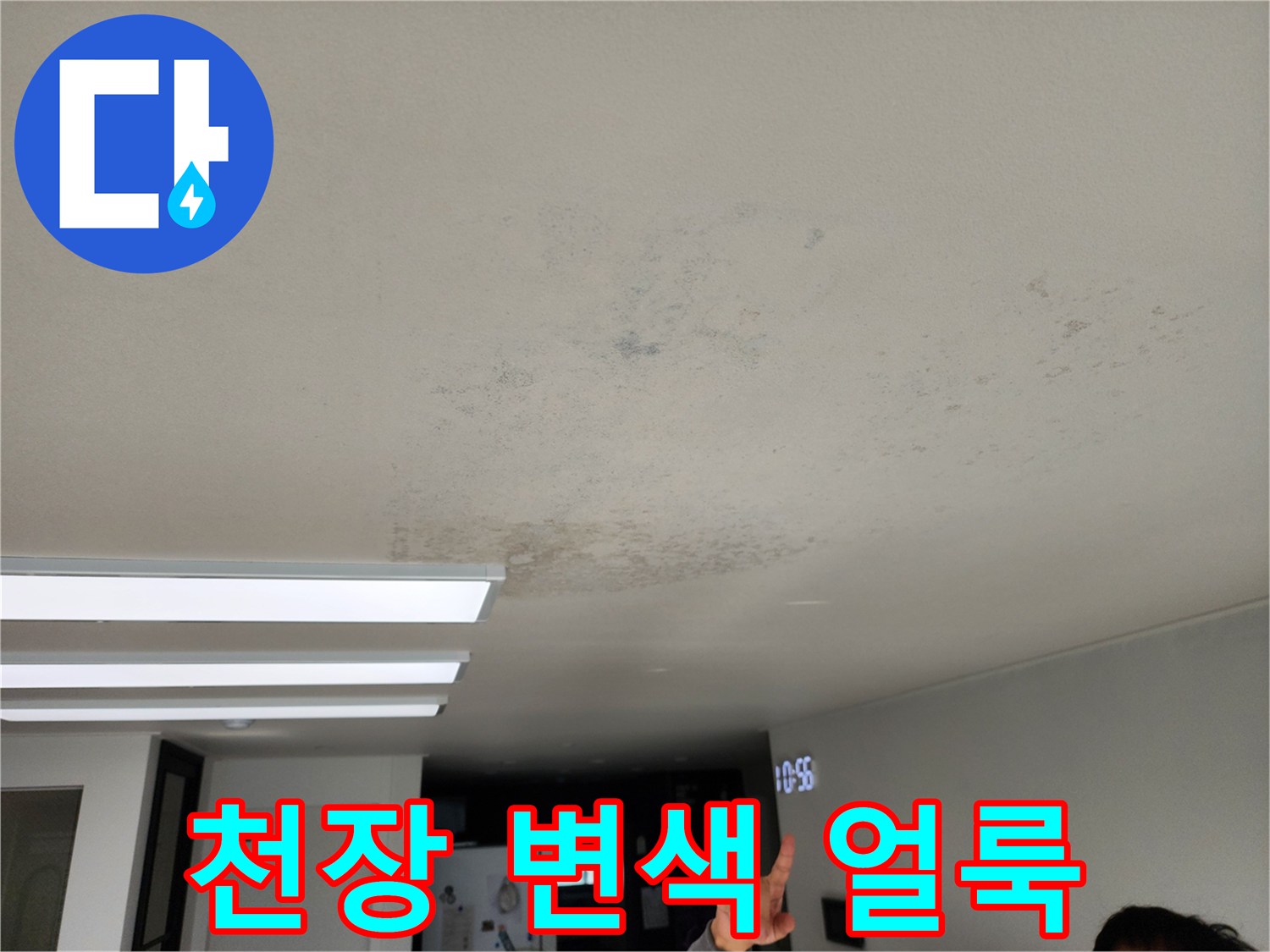 천장 면에 퍼진 습기로 인한 어두운 얼룩