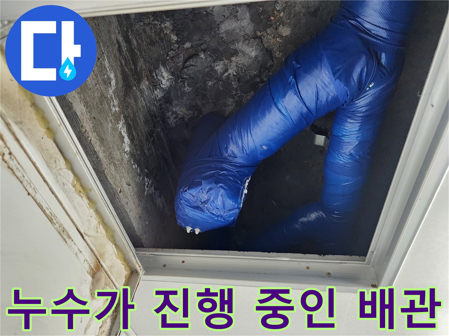 축축하게 젖은 배관-파란색 보온재 내부의 습기 상태