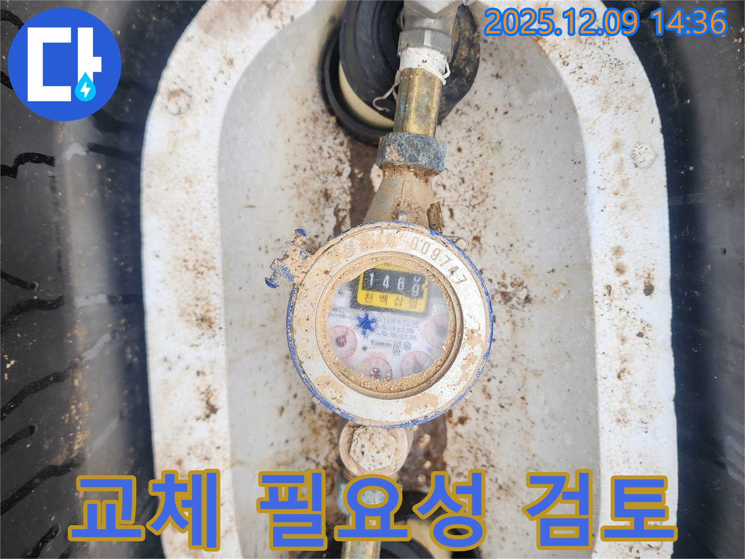 금주리 누수탐지 - 흙먼지 속에 파묻힌 낡은 수도 계량기의 교체 필요성을 신중하게 검토하는 모습입니다.