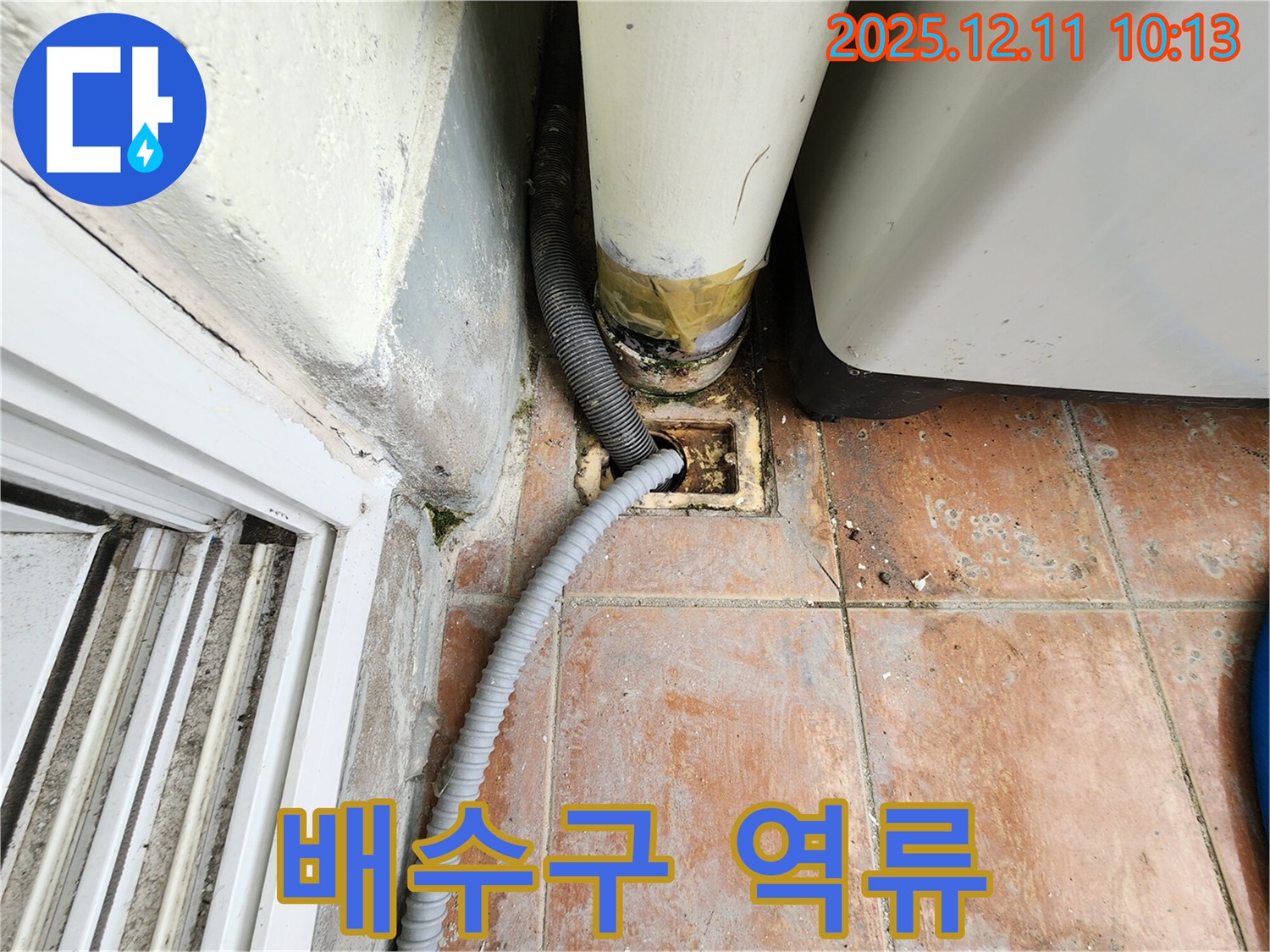 세탁실 배수구 역류 현상 - 배수구가 막혀 물이 역류하고 있습니다. 신속하게 막힘을 제거하고, 배수 기능을 정상화하여 불편을 해소해 드리겠습니다.