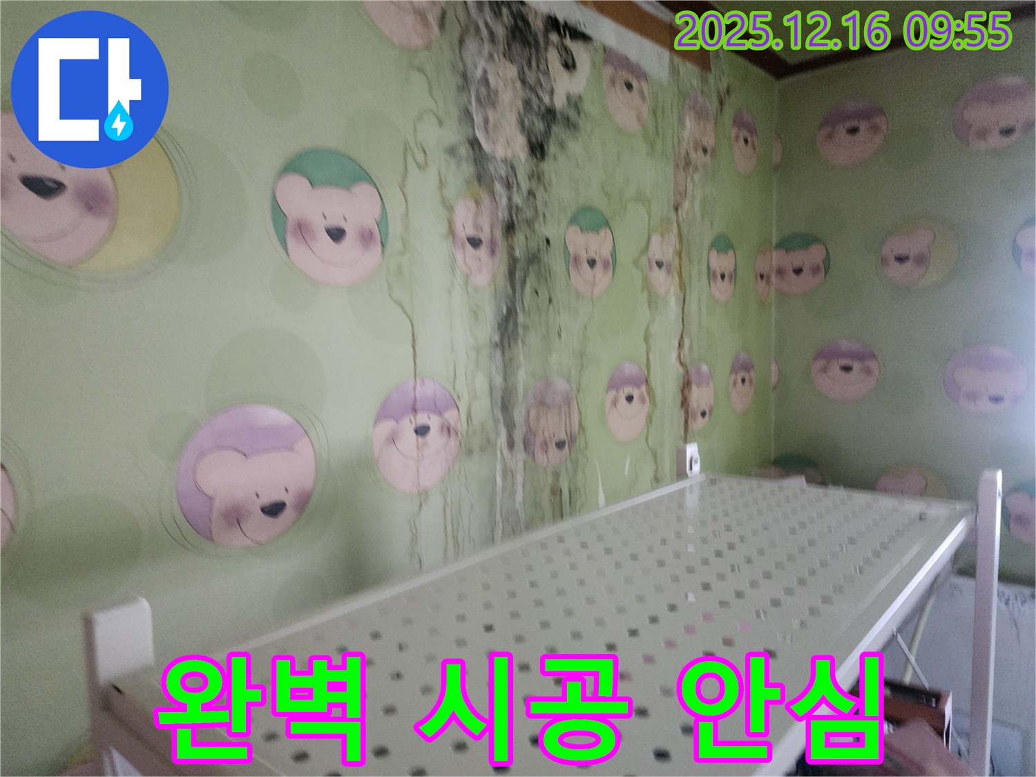 곰팡이로 뒤덮인 벽 - 누수 원인을 찾아 해결하고 곰팡이까지 깨끗하게 제거하여 안심할 수 있도록 시공했습니다.