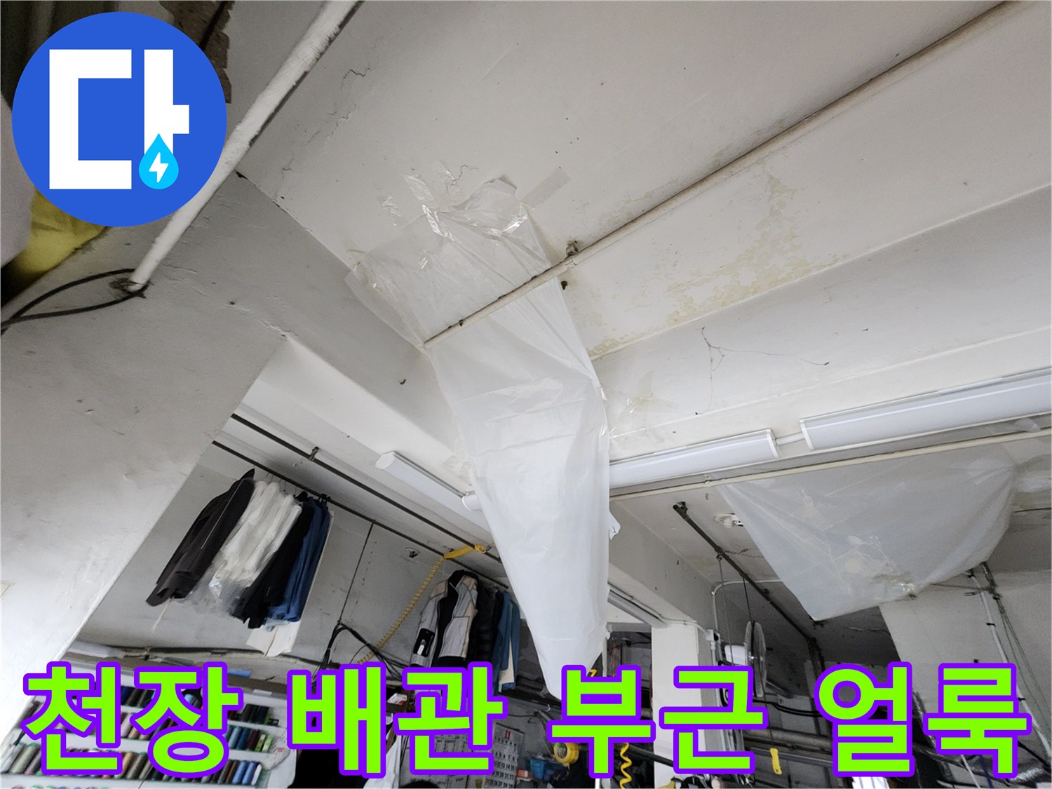 천장 구조물-습기로 인해 변색된 마감재 부분