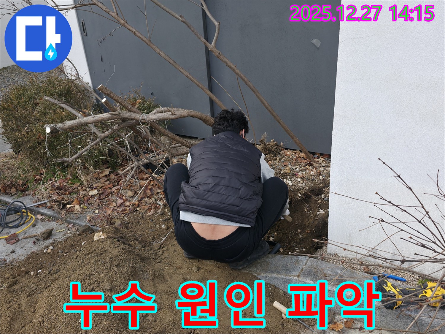 서판교 누수 현장에서 누수 전문가가 정확한 원인 파악을 위해 땅을 파고 꼼꼼하게 점검하고 있습니다 - 숙련된 기술로 문제 해결에 집중합니다.
