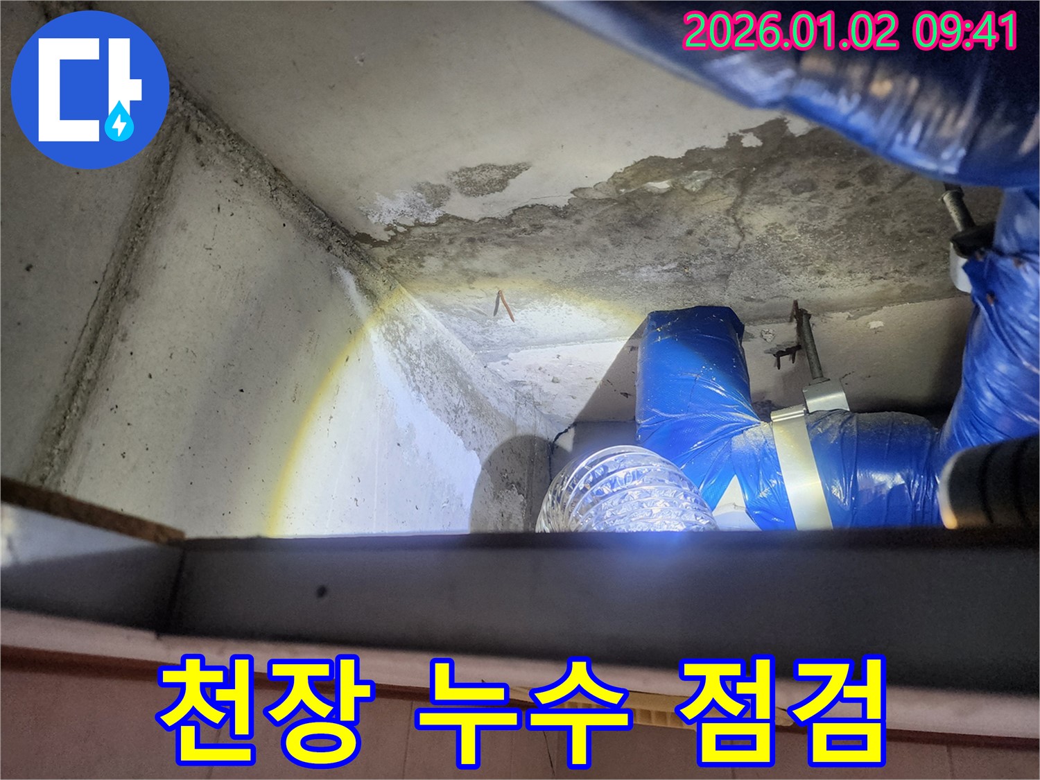 상계9동 누수 현장에서 천장 누수 부위를 꼼꼼하게 점검하는 모습