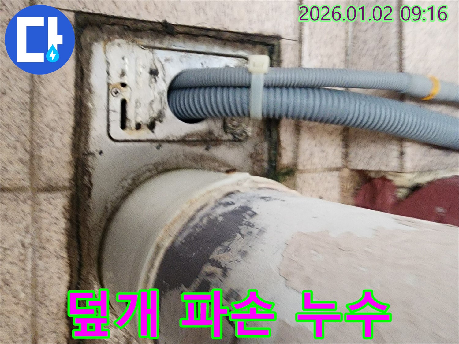 세탁기 배수구 주변 덮개 파손 - 배수구 덮개가 파손되어 누수가 발생할 위험이 있습니다.