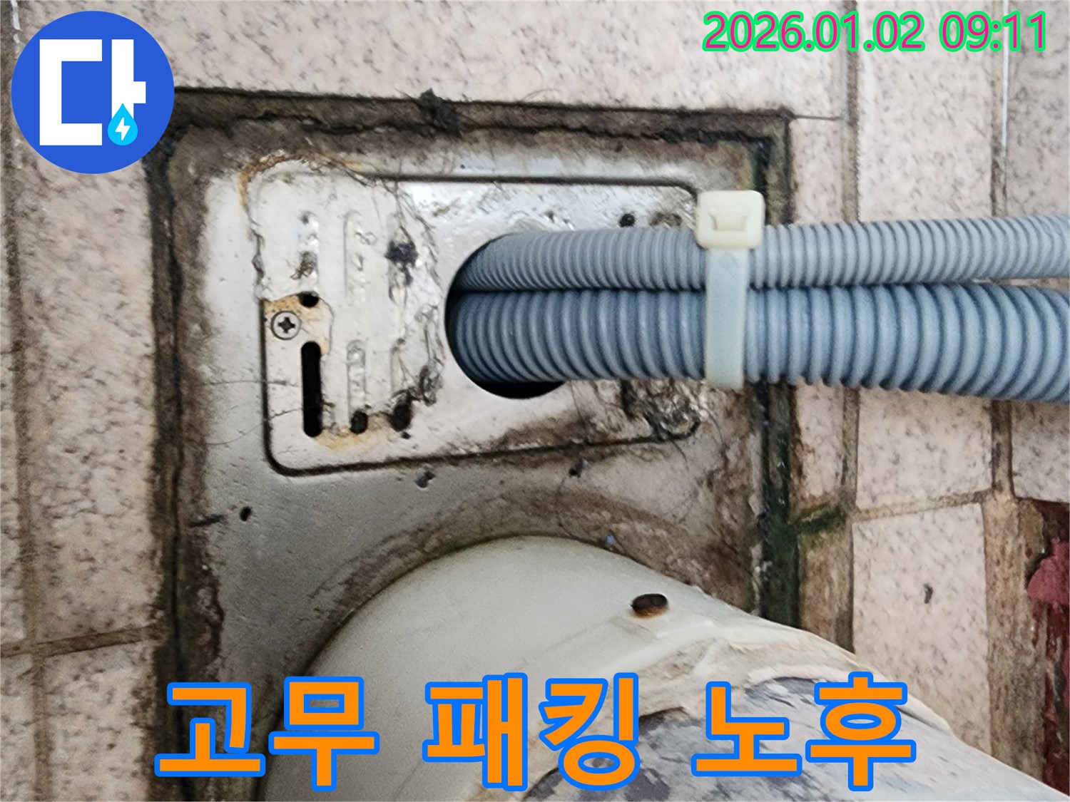 세탁기 배수구 주변 배수 호스 연결 부위 고무 패킹 노후화로 인한 누수 - 상계9동 누수 전문가가 패킹 교체로 해결했습니다.